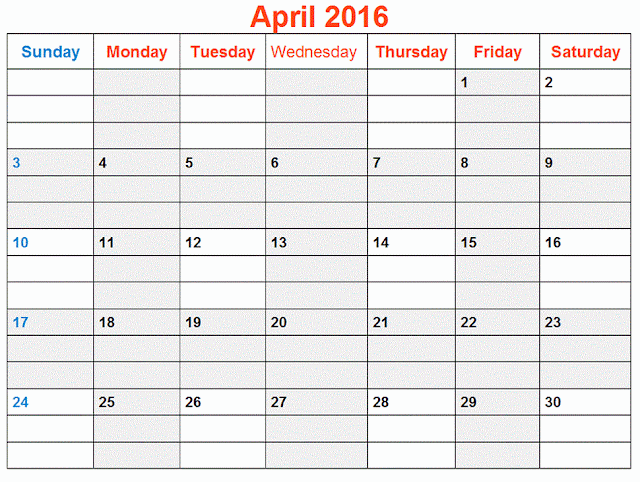 April 2016 Printable Calendar landscape, April 2016 Blank Calendar, April 2016 Planner Cute, April 2016 Calendar Download Free