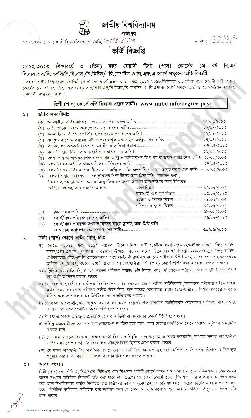 Circular Of NU Degree (Pass) Course Admission 2012 13 Session Circular Of NU Degree (Pass) Course Admission 2012 13 Session