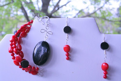 Red & Black (sterling silver, black agate, red bamboo corral, wire wrapping) set: bracelet & earrings :: All Pretty Things