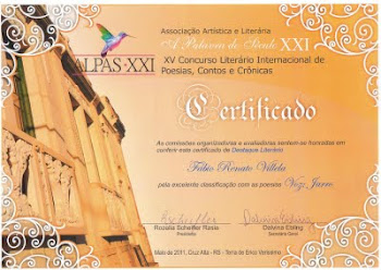 Poesias VOZ e JARRO, homenageadas com Menção Honrosa no XV Concurso Internacional de Literatura.