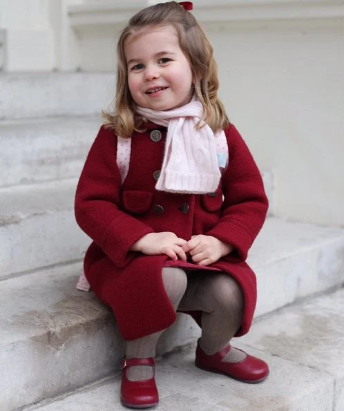 Princess Charlotte wore Amaia Kids Razorbil Coat and Mary Jane Shoes at School. Kate Middleton Duchess