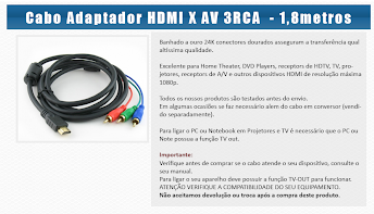 Cabo Adaptador HDMI X AV 3RCA  - 1,8metros