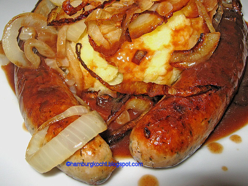 Hamburg kocht! Britisches Seelenfutter Bangers and mash with onion