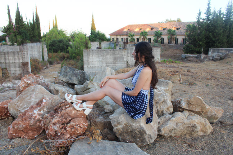 Blue Deep V Neck Backless Playsuit