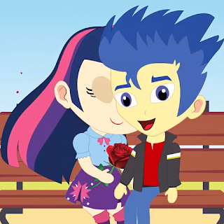 A picture of Twilight Sparkle and Flash sitting down on a bench, Twilight Sparkle holding the rose Flash gave to her.