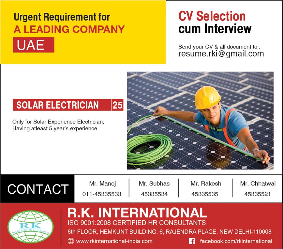 Solar Electrician for UAE CV Selection Solar Electrician for UAE CV Selection