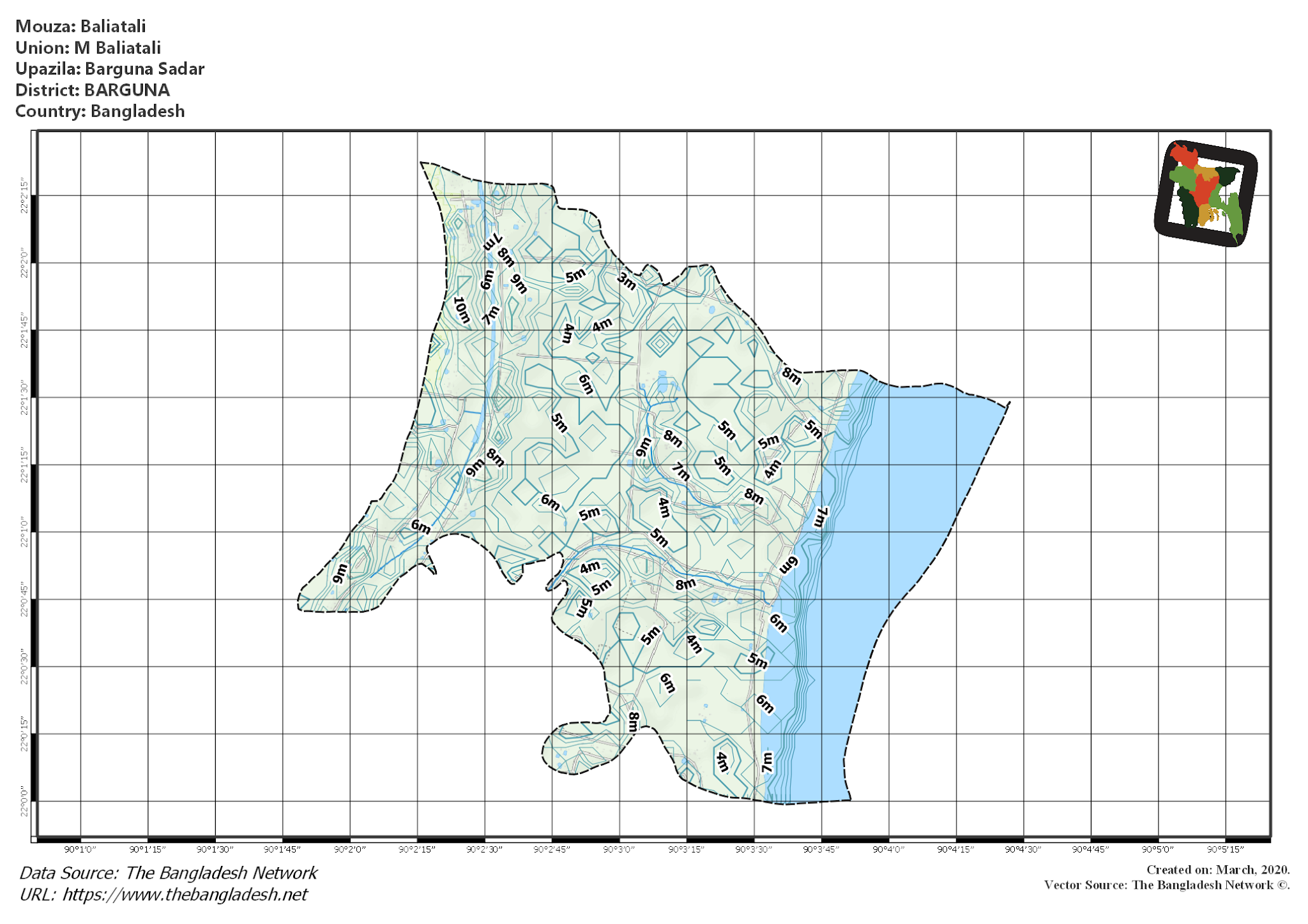 Map of Baliatali Mouza of Barguna Sadar Upazila, BARGUNA, Bangladesh.