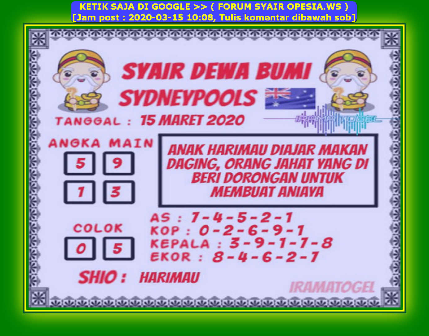 Kode Syair Sydney 15 Maret 2020 Forum Syair Togel Hongkong Singapura Sydney