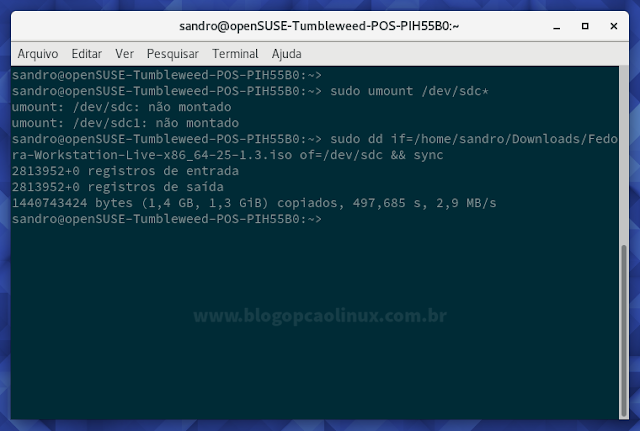 Exemplo de saída do comando dd, gravando uma imagem ISO no pen drive