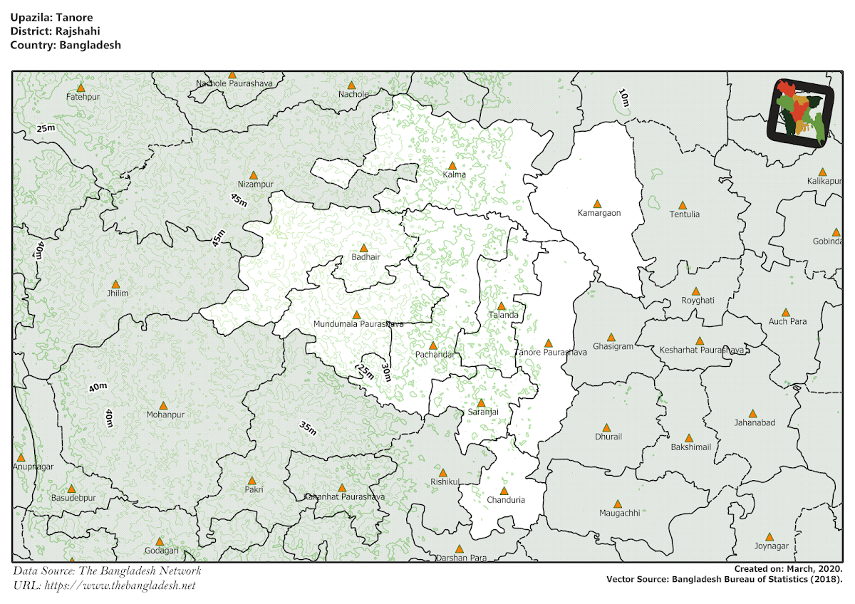 Tanore Upazila Elevation Map Rajshahi District Bangladesh