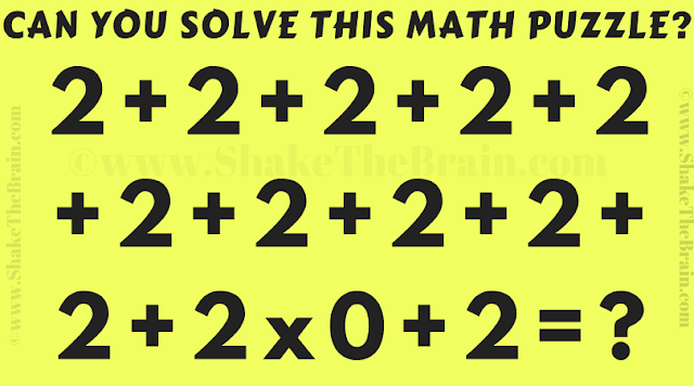 Can you solve this math puzzle? 2 + 2 + 2 + 2 + 2 + 2 + 2 + 2+2+ 2 + 2 + 2x0 + 2 =?