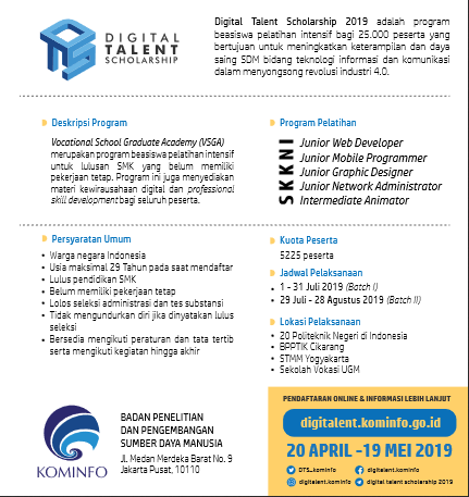 Raih 25 000 Beasiswa Digital Talent Scholarship 2019 Bagi Lulusan Smk D3 S1 D4 Guru Dan Masyarakat Umum Berkat Ilmu