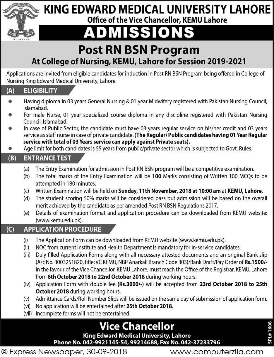Admissions Open For Spring 2019 At KEMU Lahore Campus