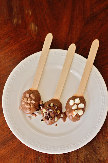 Chocolate Dipped Spoons with Toppings for Hot Chocolate