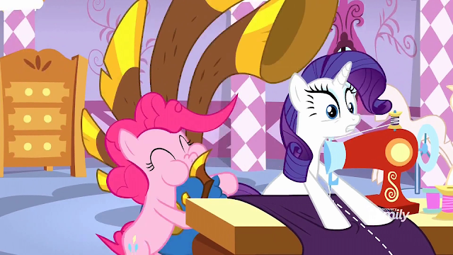Pinkie playing terribly in Rarity's workshop causing her to mess up her sewing.