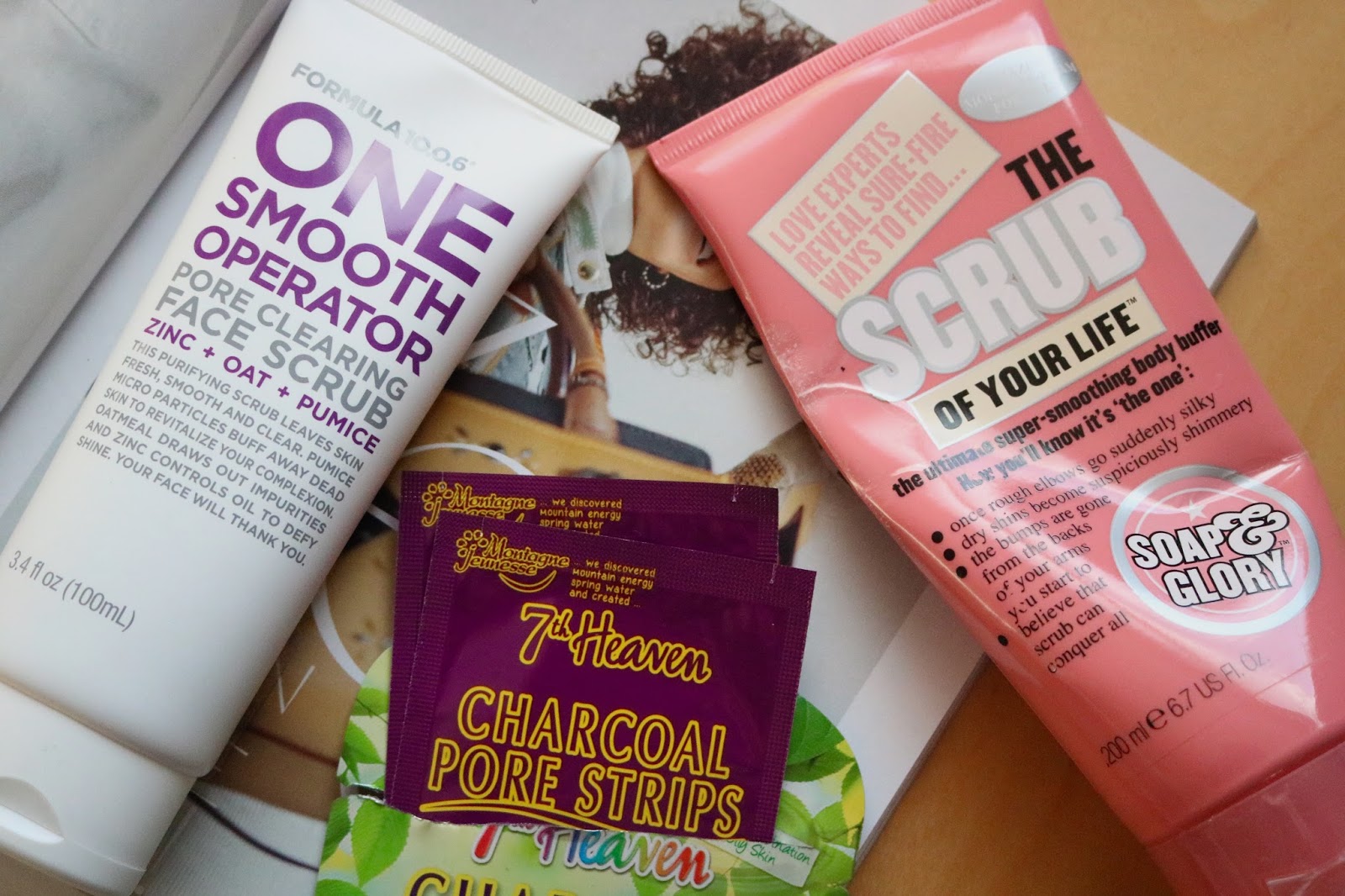 formula 10.0.6 one smooth operator face scrub, 7th heaven charcoal nose strips and soap & glory's scrub of your life