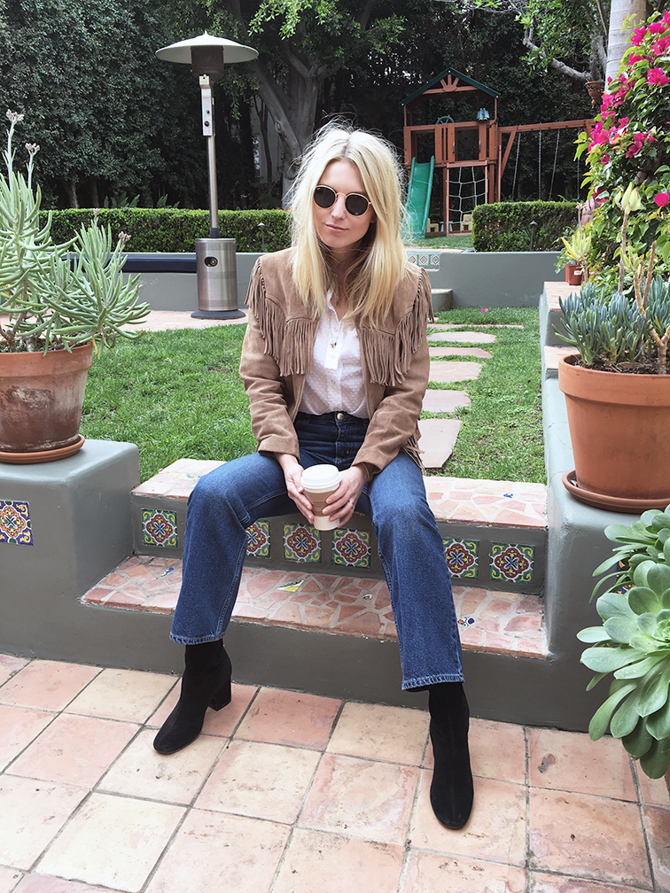 Vintage suede jacket, ASOS jeans, Ray-Ban Lennon sunglasses, Free People boots