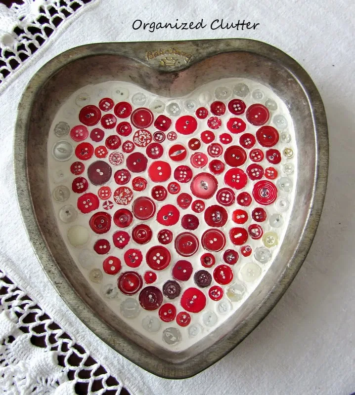 Valentine's Day Cake Pan Button Mosaic www.organizedclutterqueen.blogspot.com