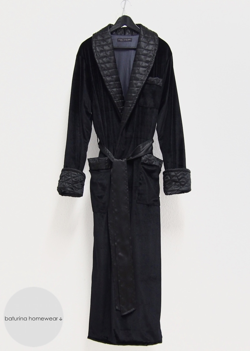 Classic Black Velvet Men's Long Dressing Gown with Quilted Silk