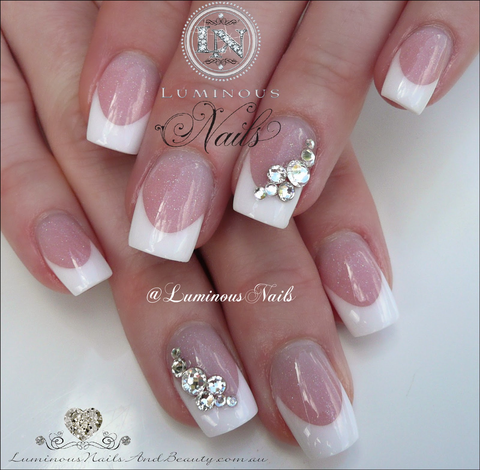 Luminous Nails Classic French Wedding Nails with Swarovski Crystals