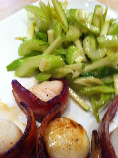 Grilled bacon Wrapped Scallop Skewer with Celery and Apple Salad | Healthy Bacon Recipe
