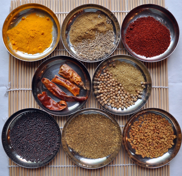 basic indian spices of Turmeric, Cumin, Red Chili Powder, Dry Whole Chili, Coriander, Mustard Seeds, Garam Masala, Fenugreek Seeds