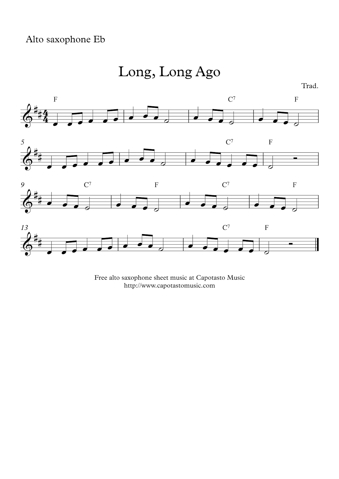 Free easy alto saxophone sheet music score Long, Long Ago