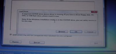 A required CD/DVD device driver is missing. If you have a driver floppy disk, CD, DVD, or USB flash drive, please inset it now. Windows 7 Installation