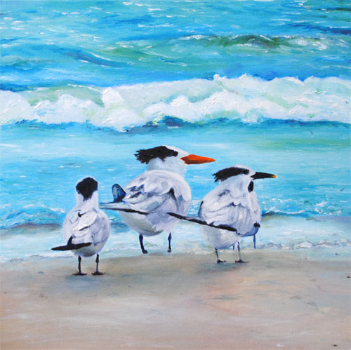 oil painting of birds on sea shore