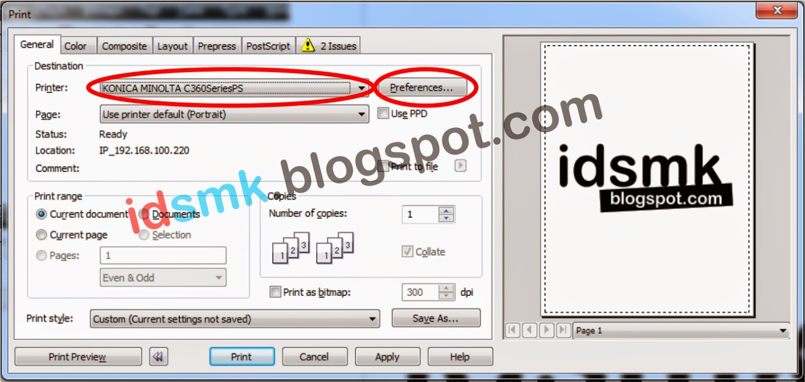 Cara Print Kertas Kalkir Konica Minolta pada CorelDRAW IDSMK