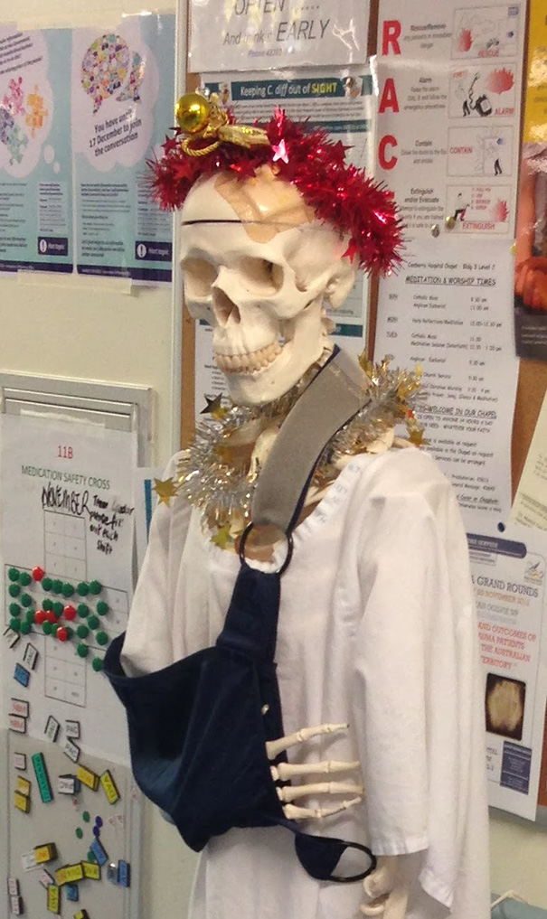 Creative Ideas For Christmas Decorations By A Hospital's Medical Staff - Christmasy Skeleton Named Mal Nutrition