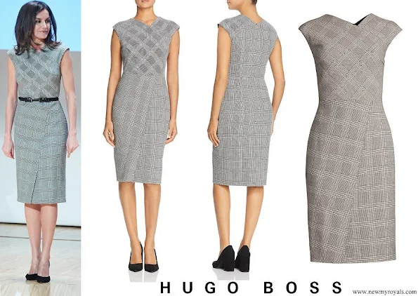 Queen Letizia wore Hugo Boss Dechesta Glen Check Stretch Cut Cap Sleeve Sheath Dress