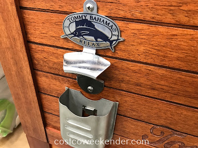 Tommy Bahama Wood Rolling Cooler features convenient bottle opener for your cold beers