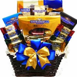 gift basket full of ghirardelli chocolate