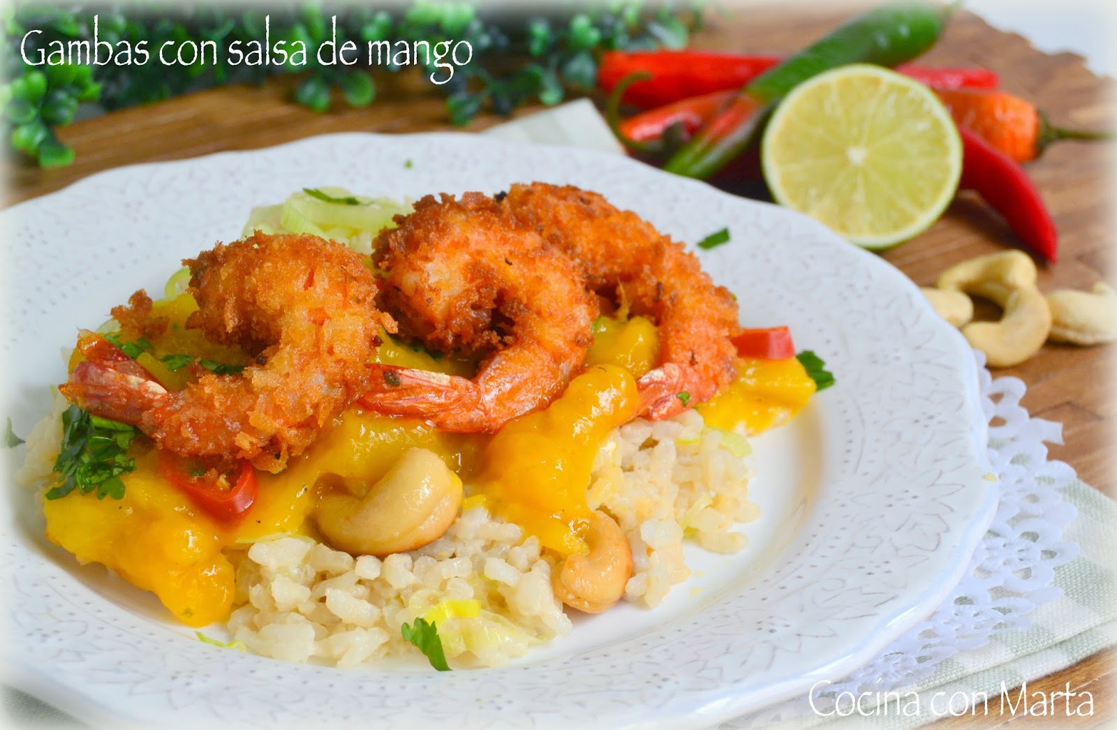 Receta de gambas o langostinos en salsa de mango, y arroz con leche de coco. Fácil, rápida y casera. Shrimp with Mango Sauce