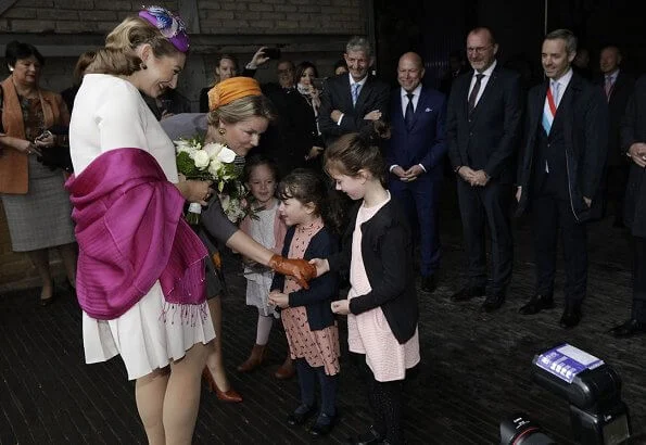 Queen Mathilde wore a grey Natan dress, Hereditary Grand Duchess Stephanie, Princess Stephanie, wore a white print dress by Armani