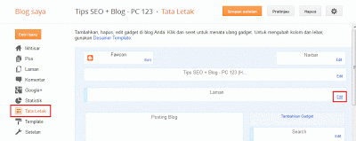 Untuk menghilangkan tulisan 'Laman' pada menu bar, bukalah 'Tata Letak'. Lalu, carilah kotak dengan judul 'Laman', dan klik link 'Edit' yang terdapat di pojok kanan bawah. (Gambar tidak terlihat? Klik kanan tulisan ini, lalu pilih 'Reload Image')