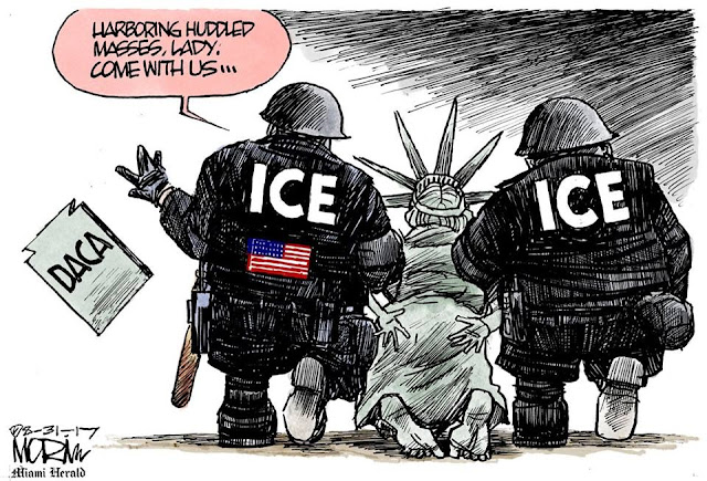 Two ICE agents hustle Lady Liberty away as a copy of the DACA flies into the air.  One is saying, 