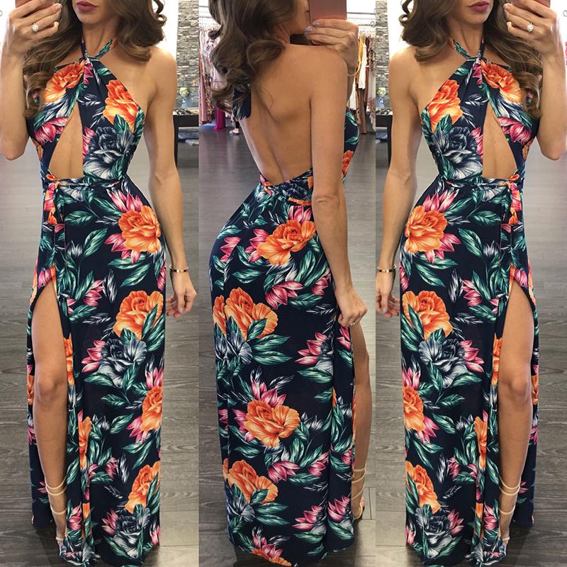 Sexy Halter Cut Out Open Back Split Maxi Dress