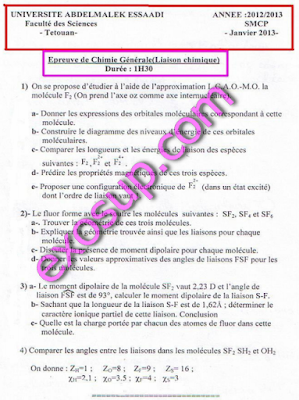épreuve de Chimie Génerale (Liaison chimique) SMCP S1 FS Tétouan 2012/13
