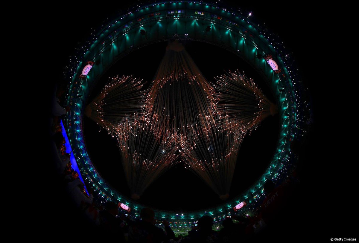 Olympic rings explode in the sky of the Olympic Stadium