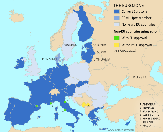 Map of the Eurozone (euro area), showing which countries use the euro as their currency. Includes members, pre-members (ERM II), EU non-members using the euro, and other EU countries (colorblind accessible).