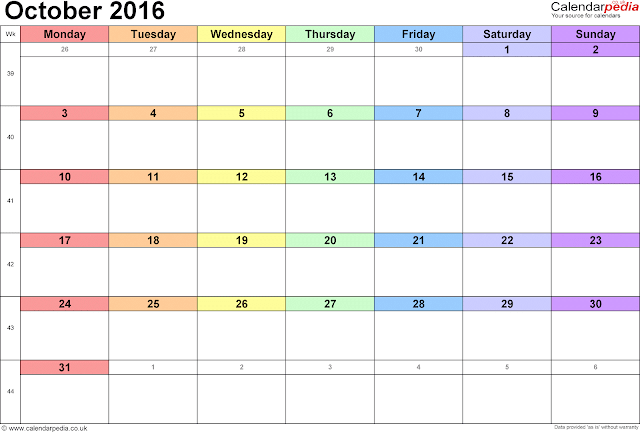 October 2016 Printable Calendar, October 2016 Calendar PDF, October 2016 Calendar Excel, October 2016 Calendar Word