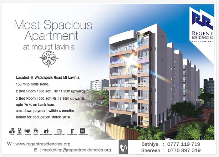 Regent Residencies Mount Lavinia is a modern luxury apartment complex built to meet the next generation’s standards of high quality living enhanced with state – of – the - art facilities to ease the life of all its residents.  Each apartment is built, cater to comfortable living with spacious living areas and bedrooms with attached bathrooms, hot water, separate maid’s room with attached toilet. The residence can also enjoy the facilities of well-equipped in house gymnasium as well as large party hall for functions and a roof top area with BBQ facilities for informal entertaining.  High end security devices have been installed to ensure protection of the complex and all its residents with the use of latest CCTV camera on a 27/7basis.  With all these facilities offered in one setting, Regent Residencies Mount Lavania will make your dream living experience a realty in your own space.
