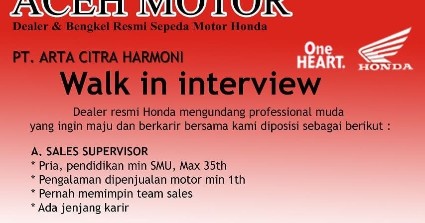 Lowongan Kerja Dealer Motor Honda Bandung Ahass 2019 ...