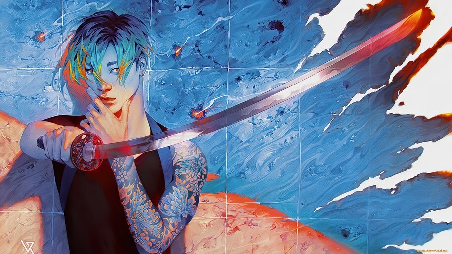 Anime, Guy, Katana, Tattoo, 4K, #4.3056