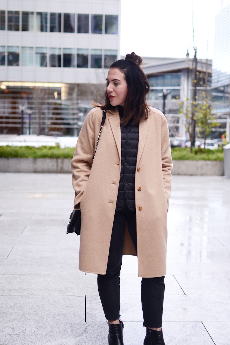 Gap camel wool coat UNIQLO ultralite down vest moschino bag geox symphony boots levis wedgie jeans vancouver fashion blogger winter outfit