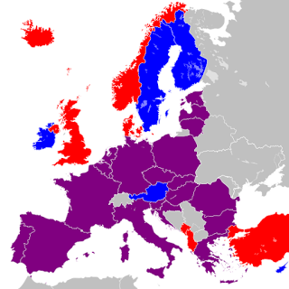 A map showing Iceland, the UK, Norway, Denmark, Albania, Montenegro, and Turkey in red; Ireland, Sweden, Finland, Austria, and Cyprus in blue; and the remaining PESCO/NATO states in purple. 