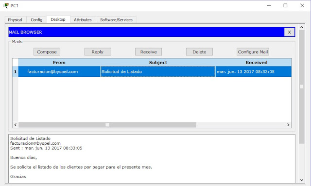 Bandeja de entrada correo electrónico packet tracer