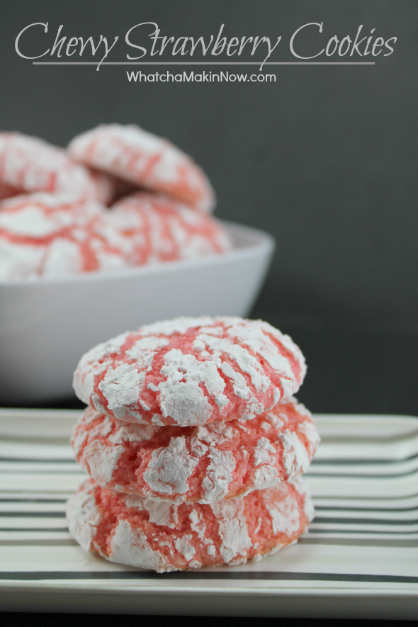 Chewy Strawberry Cookies - 4 ingredient, cake mix cookies. You could even swap out and use chocolate cake!